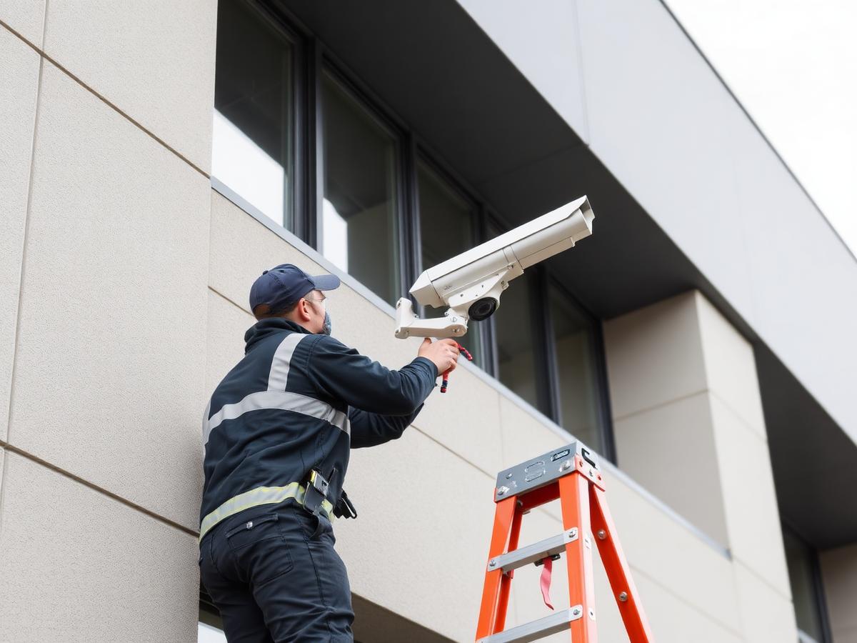 Technician installing a CCTV camera on a building facade